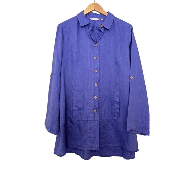 Soft Surroundings Women's Linen Jacket Blouse Size L P Long Sleeve Roll Up - Picture 1 of 11
